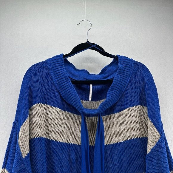 Free People Sweater Size L Cassidy Off The Shoulder Striped Tie Neck Tunic Blue - Picture 3 of 11